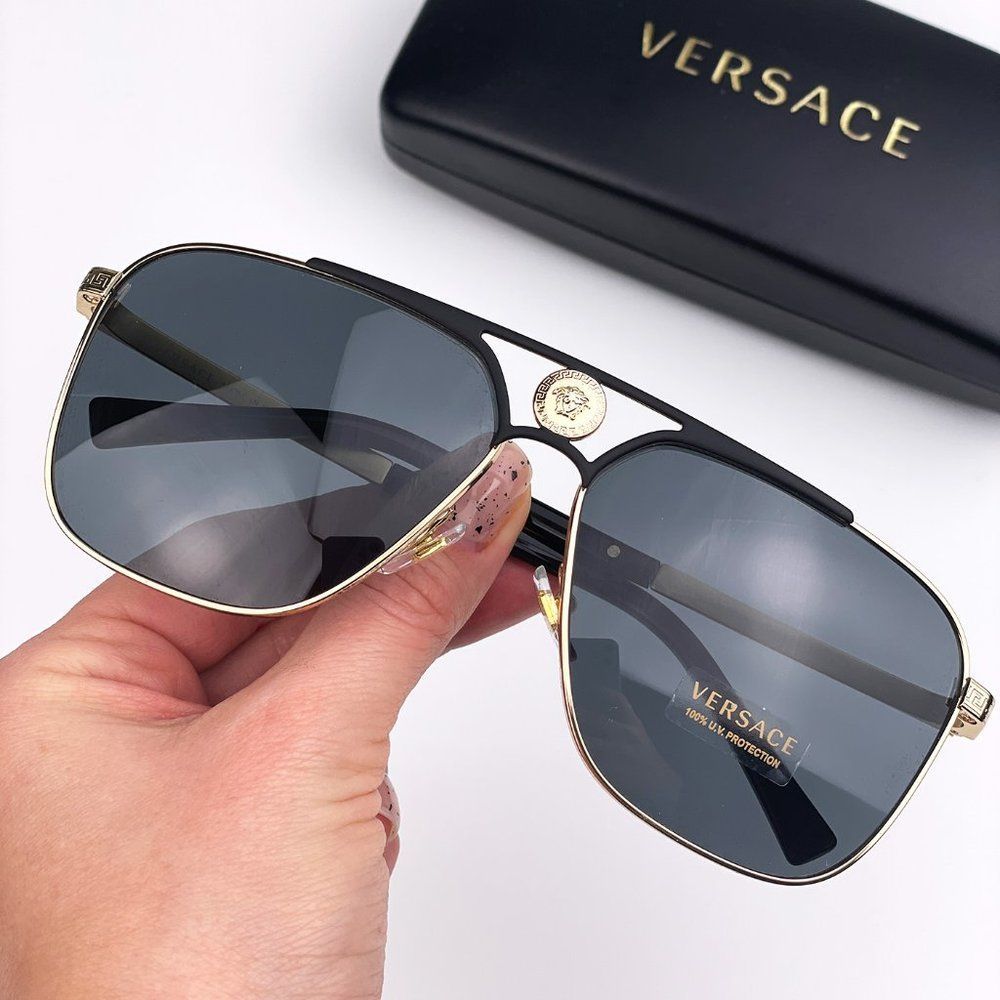 Versace VE2238 143687 Sunglasses Gold Black Gray Rectangle Metal Men